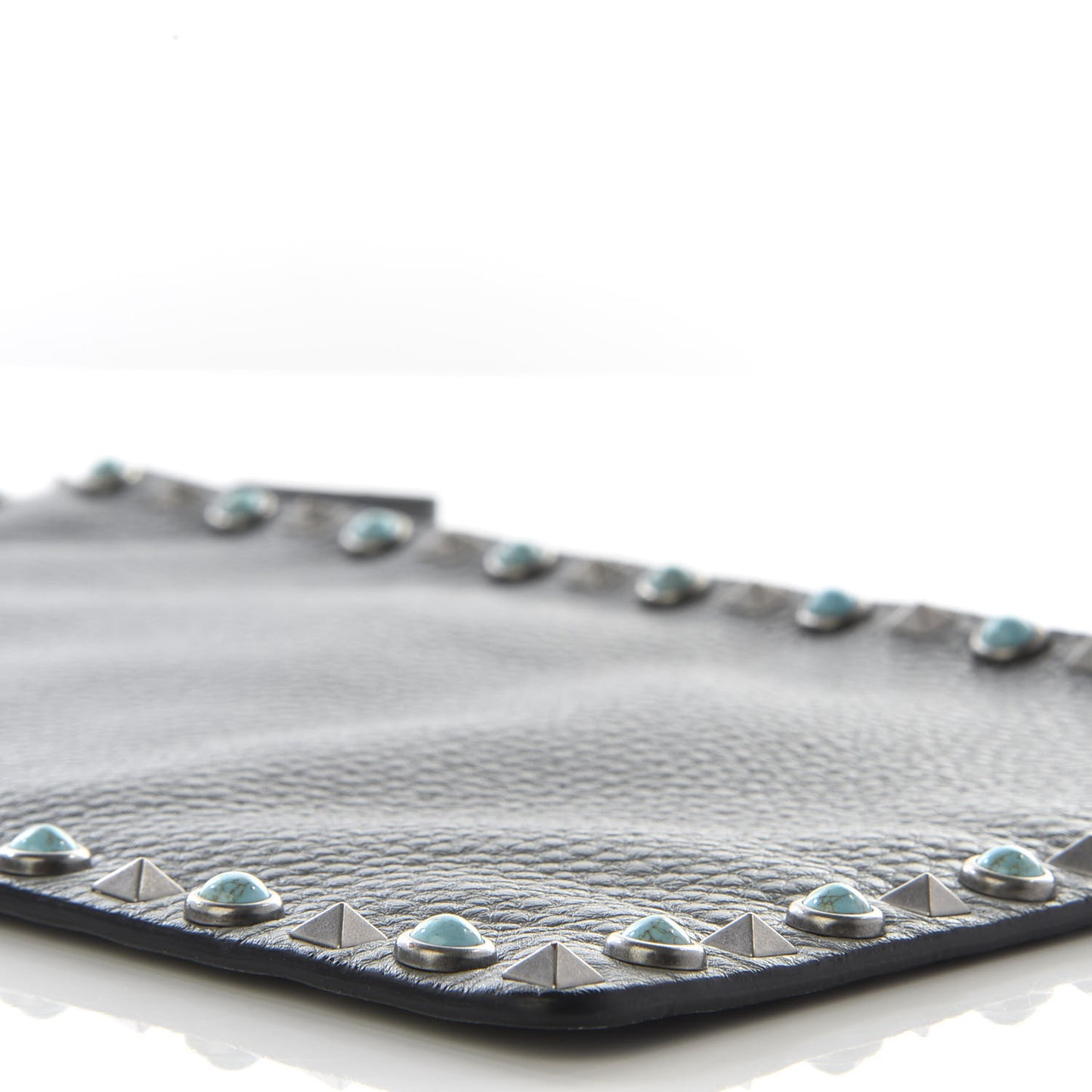 Grained Calfskin Turquoise Large Rockstud Rolling Zip Pouch Light Stone