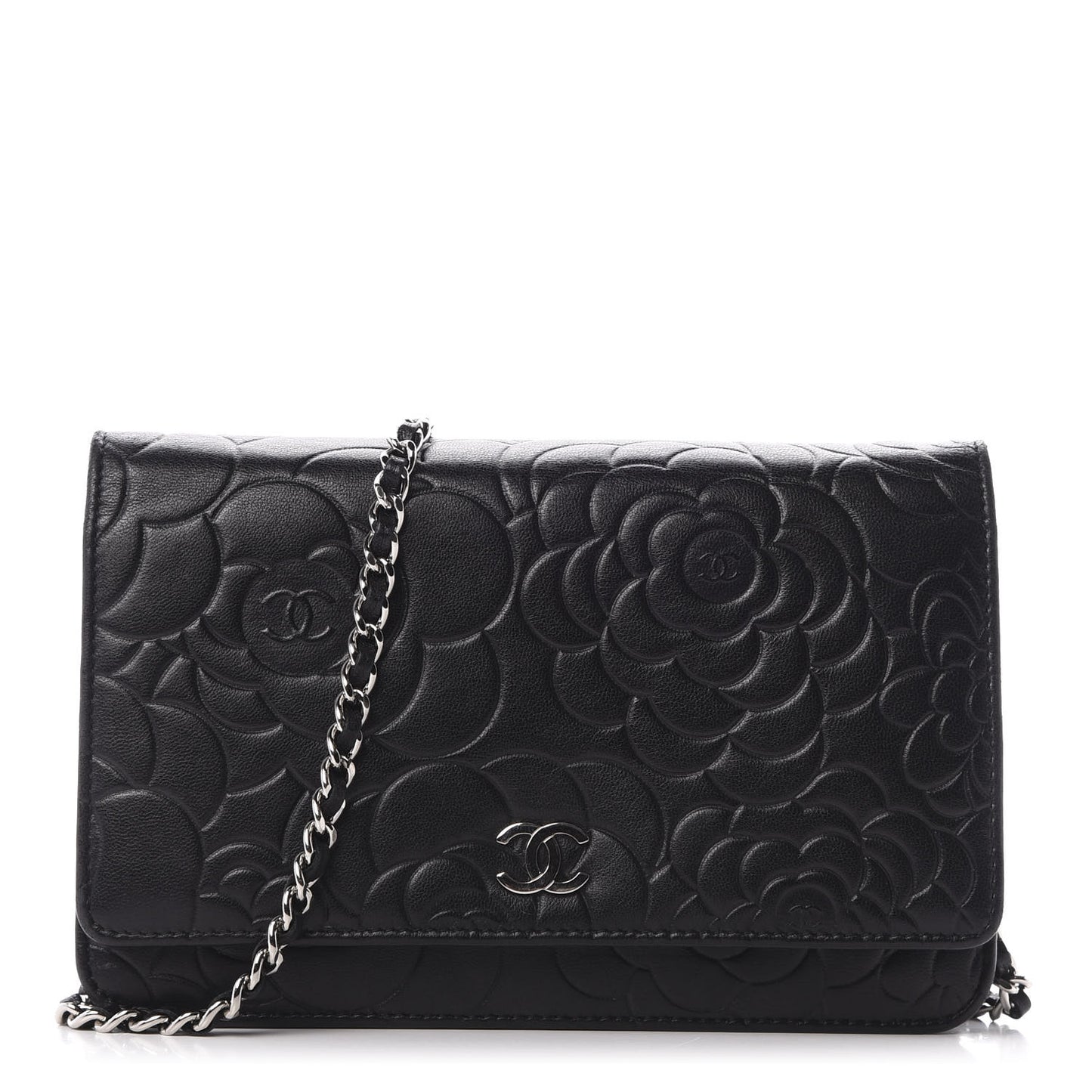 Lambskin Camellia Embossed Wallet on Chain WOC Black