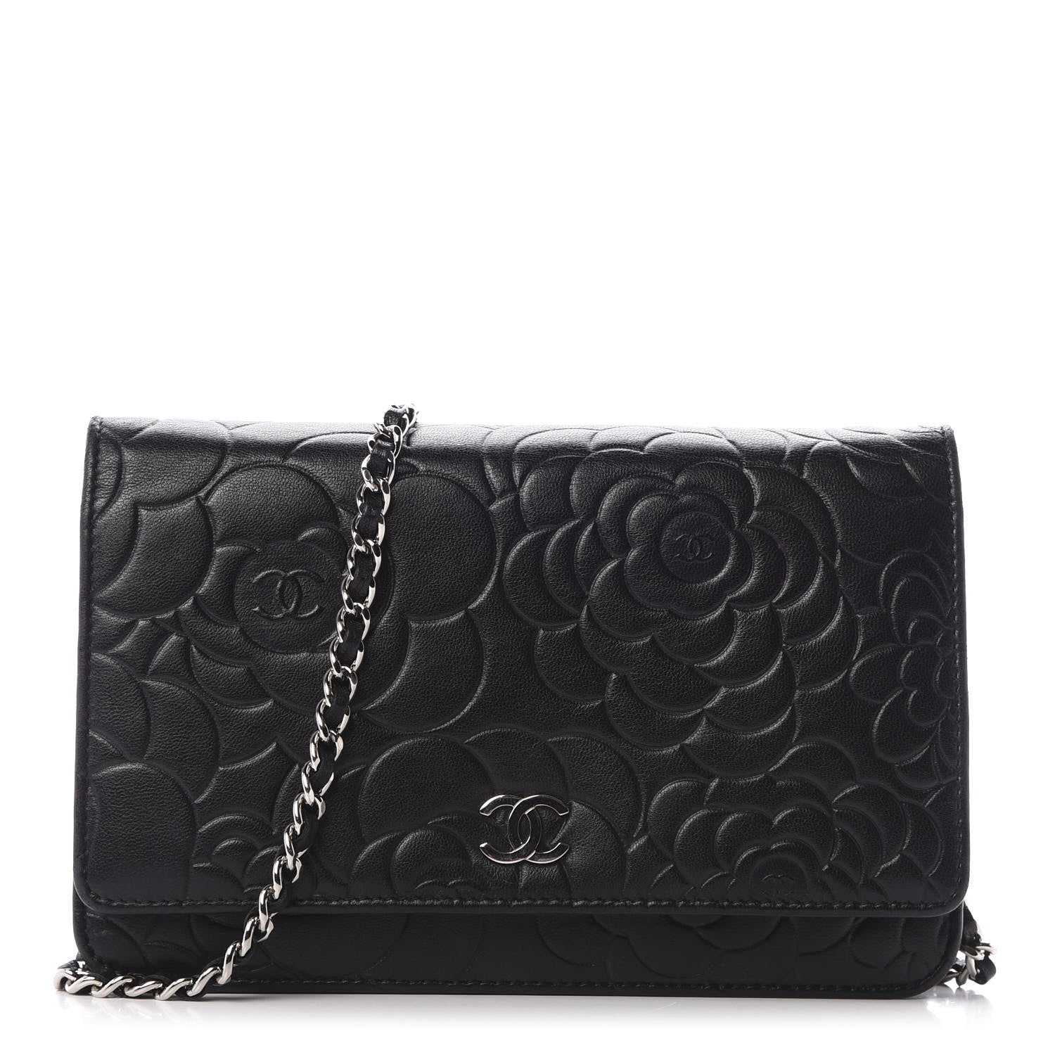 Chanel Lambskin Camellia Embossed Wallet on Chain WOC Black 1 of 10