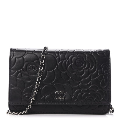 Chanel Lambskin Camellia Embossed Wallet on Chain WOC Black 1 of 10
