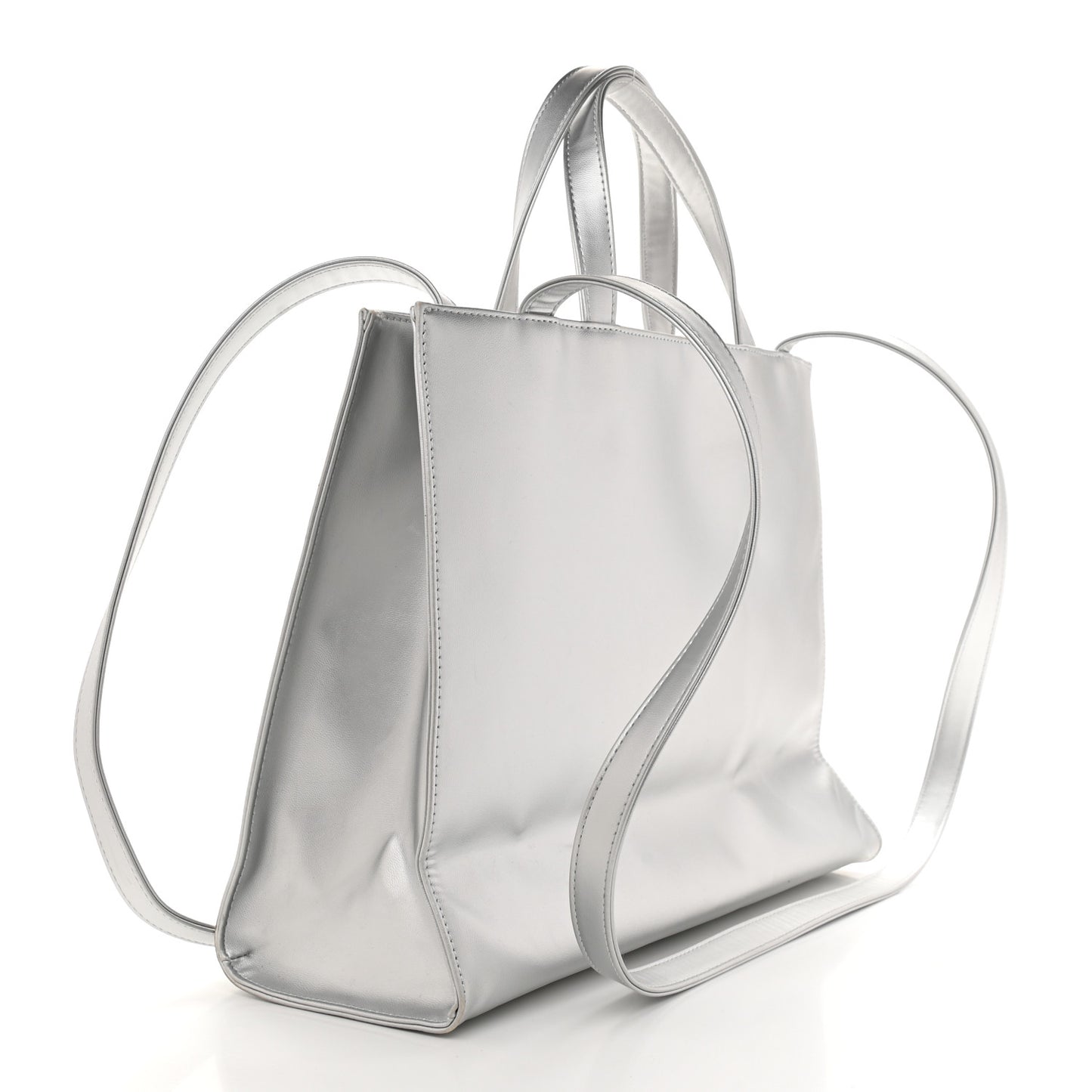 Metallic Vegan Leather Medium Shopping Bag Silver