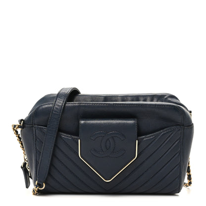 Chanel Shiny Sheepskin Chevron Quilted Collar and Tie Camera Case Navy 1 of 9