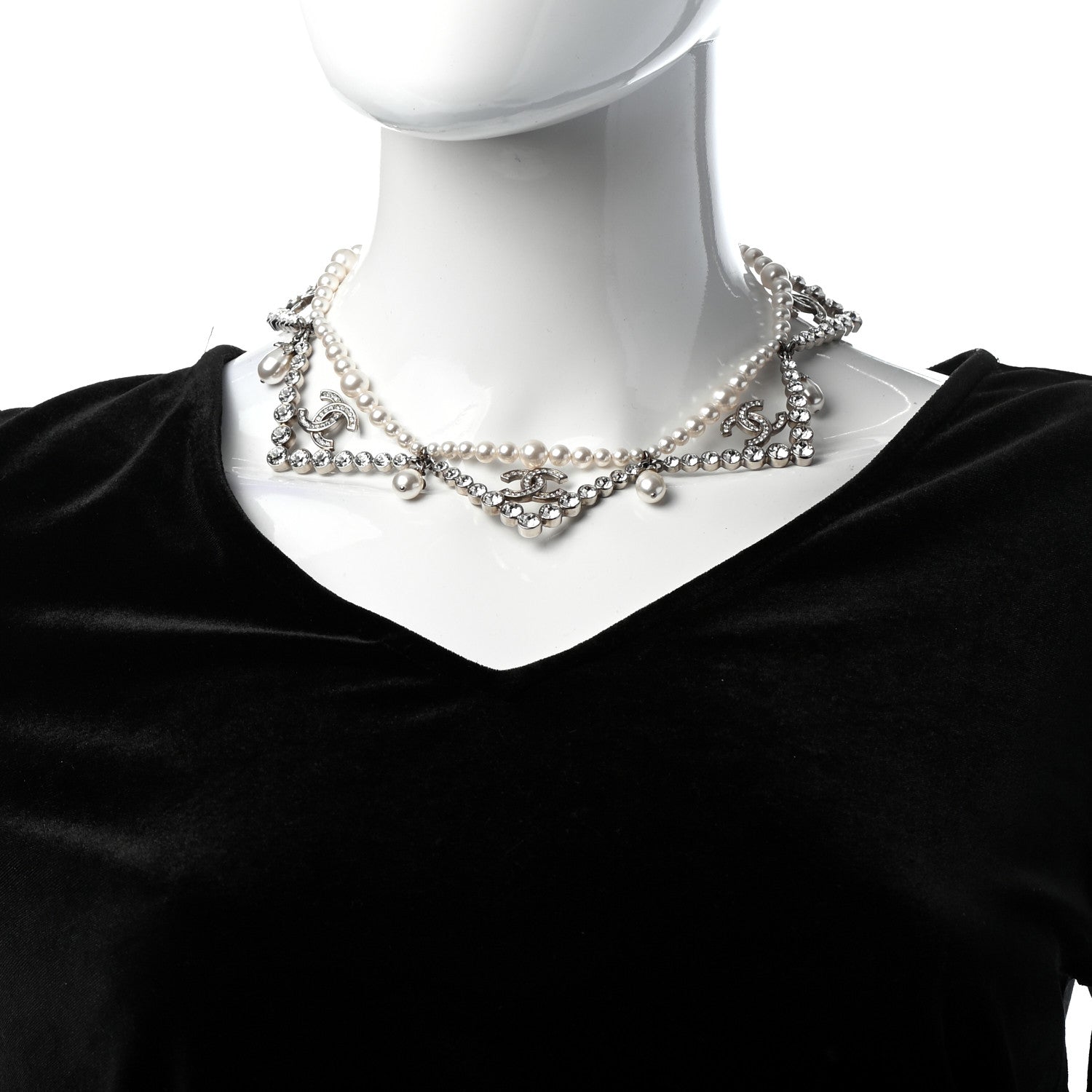 Chanel Crystal Pearl CC Choker Necklace Silver 2 of 5