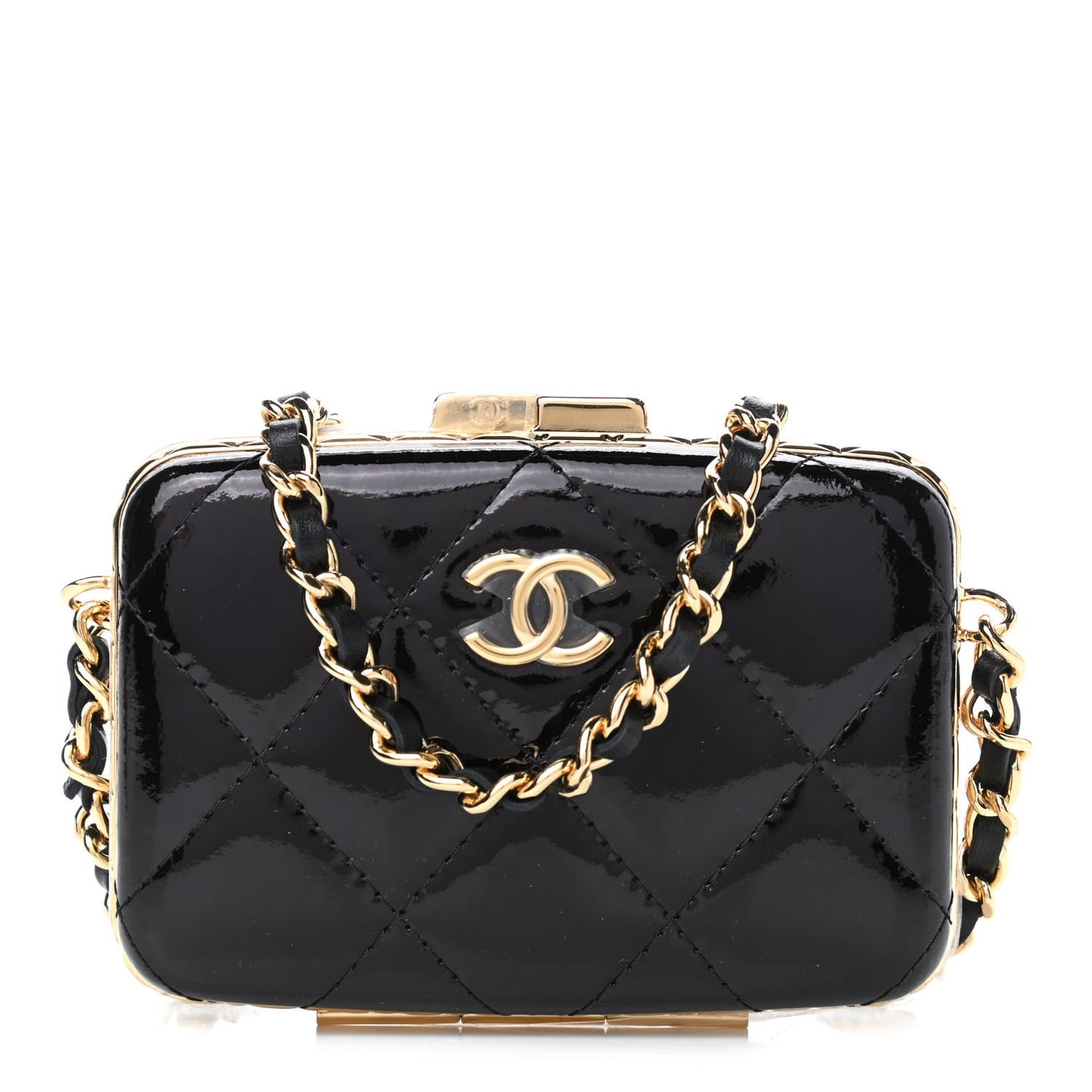 Glazed Goatskin Quilted Small Box With Chain Black