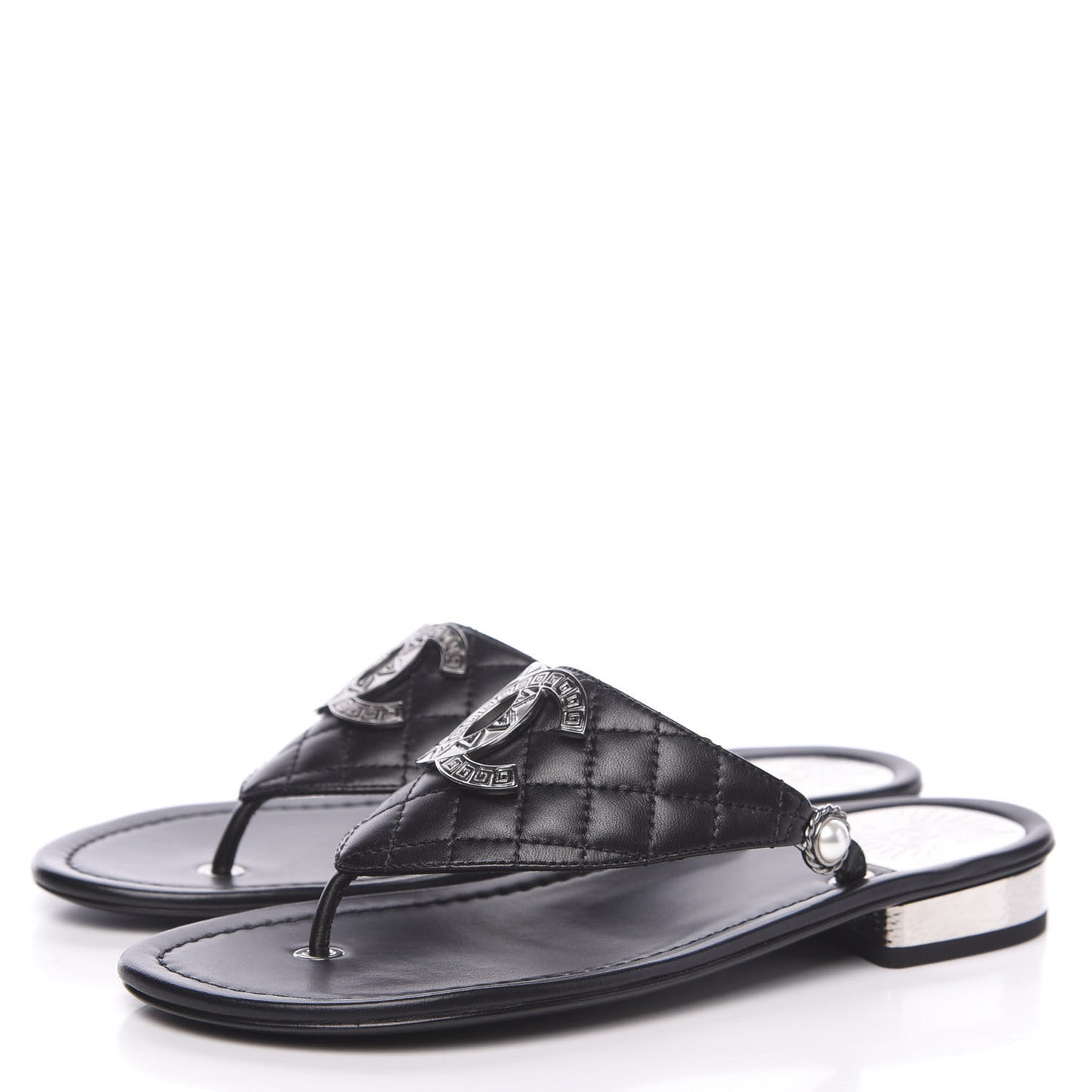 Lambskin Quilted Pearl CC Logo Thong Sandals 37 Black