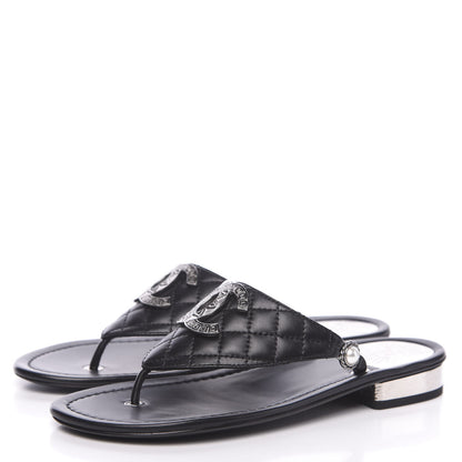 Chanel Lambskin Quilted Pearl CC Logo Thong Sandals 37 Black 3 of 9