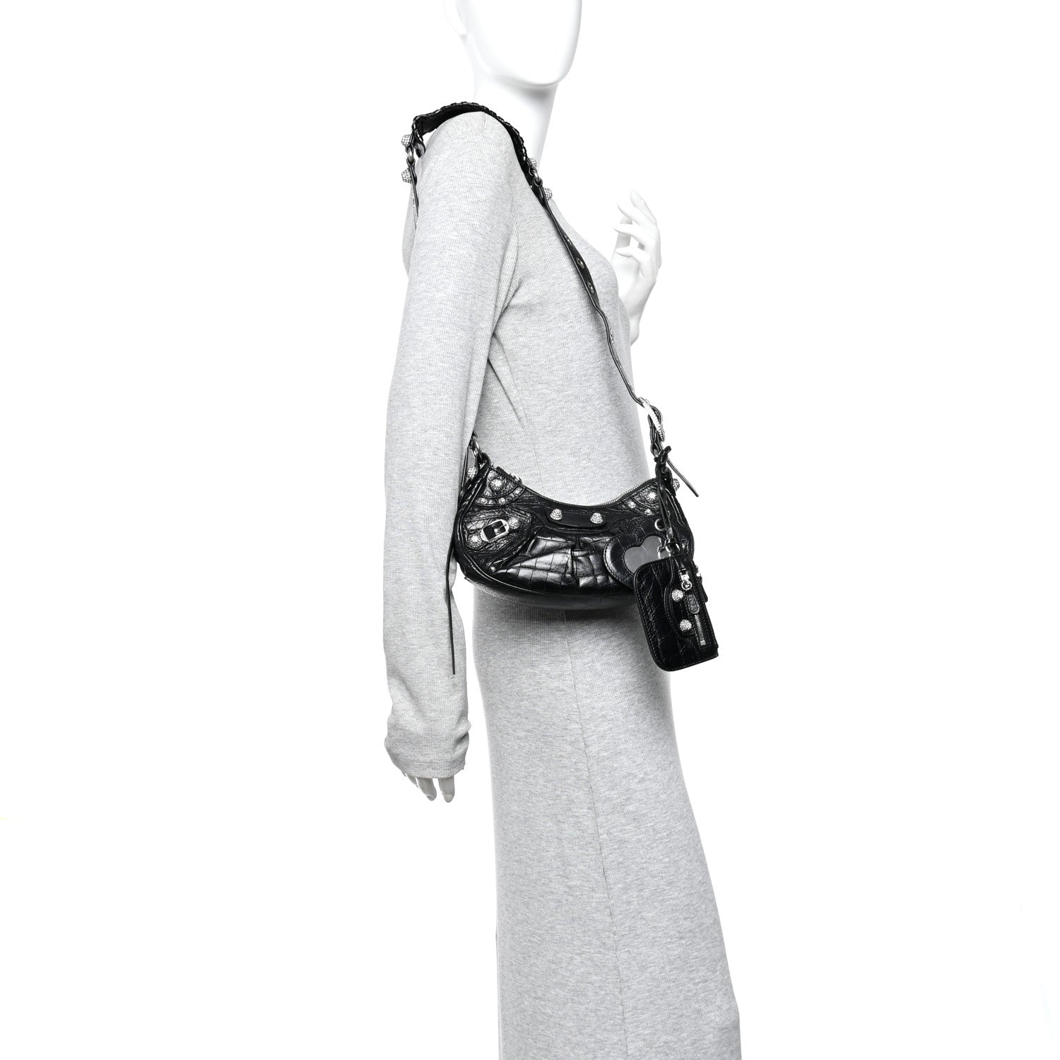 Balenciaga Extra Supple Calfskin Crystal Crocodile Embossed Le Cagole Shoulder Bag XS Black 2 of 11
