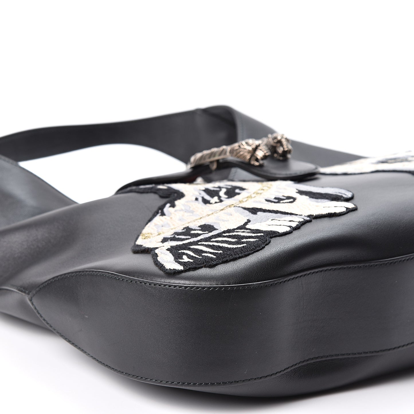 Calfskin Web Dog Embroidered Large Dionysus Hobo Black