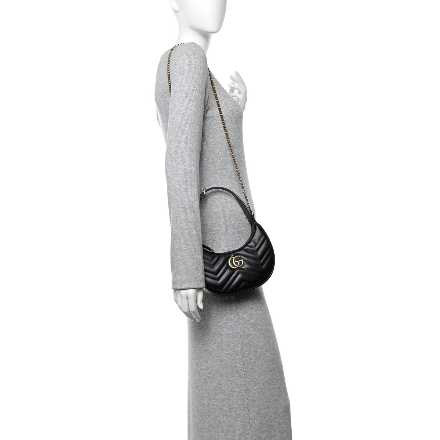 Calfskin Matelasse Chevron Mini GG Marmont Half Moon Hobo Black