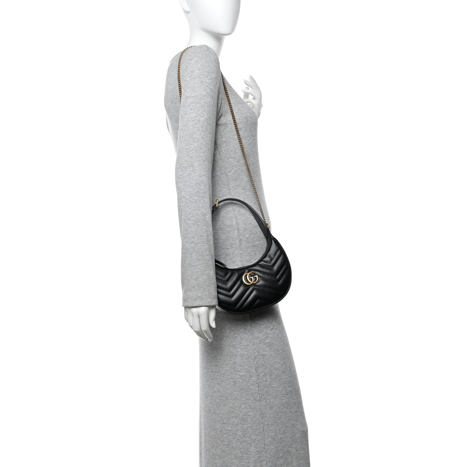 Gucci Calfskin Matelasse Chevron Mini GG Marmont Half Moon Hobo Black 2 of 10
