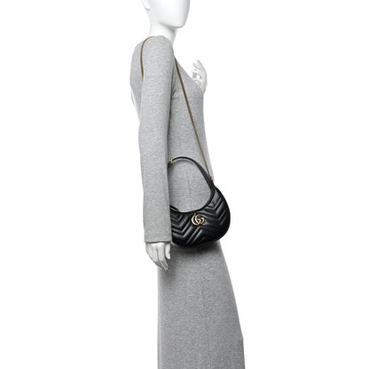Gucci Calfskin Matelasse Chevron Mini GG Marmont Half Moon Hobo Black 2 of 10