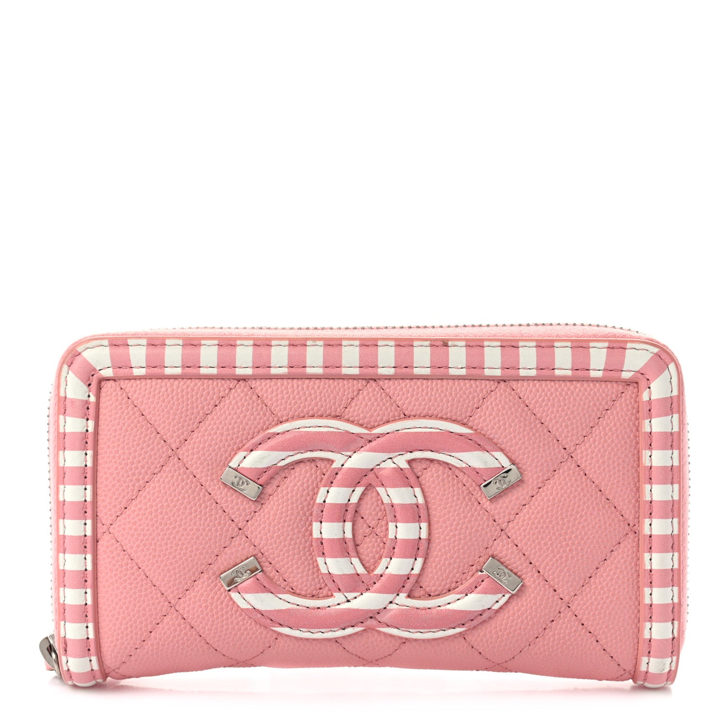 Chanel Caviar Quilted Medium Stripe Filigree Zip Around Wallet Pink White 1 of 8