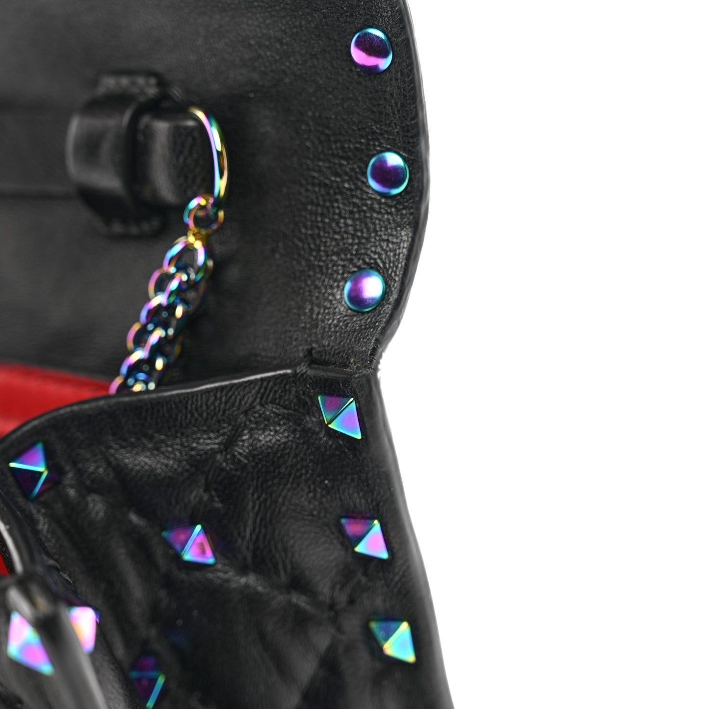 Lambskin Oil Slick Rockstud Spike Wallet on Chain Black