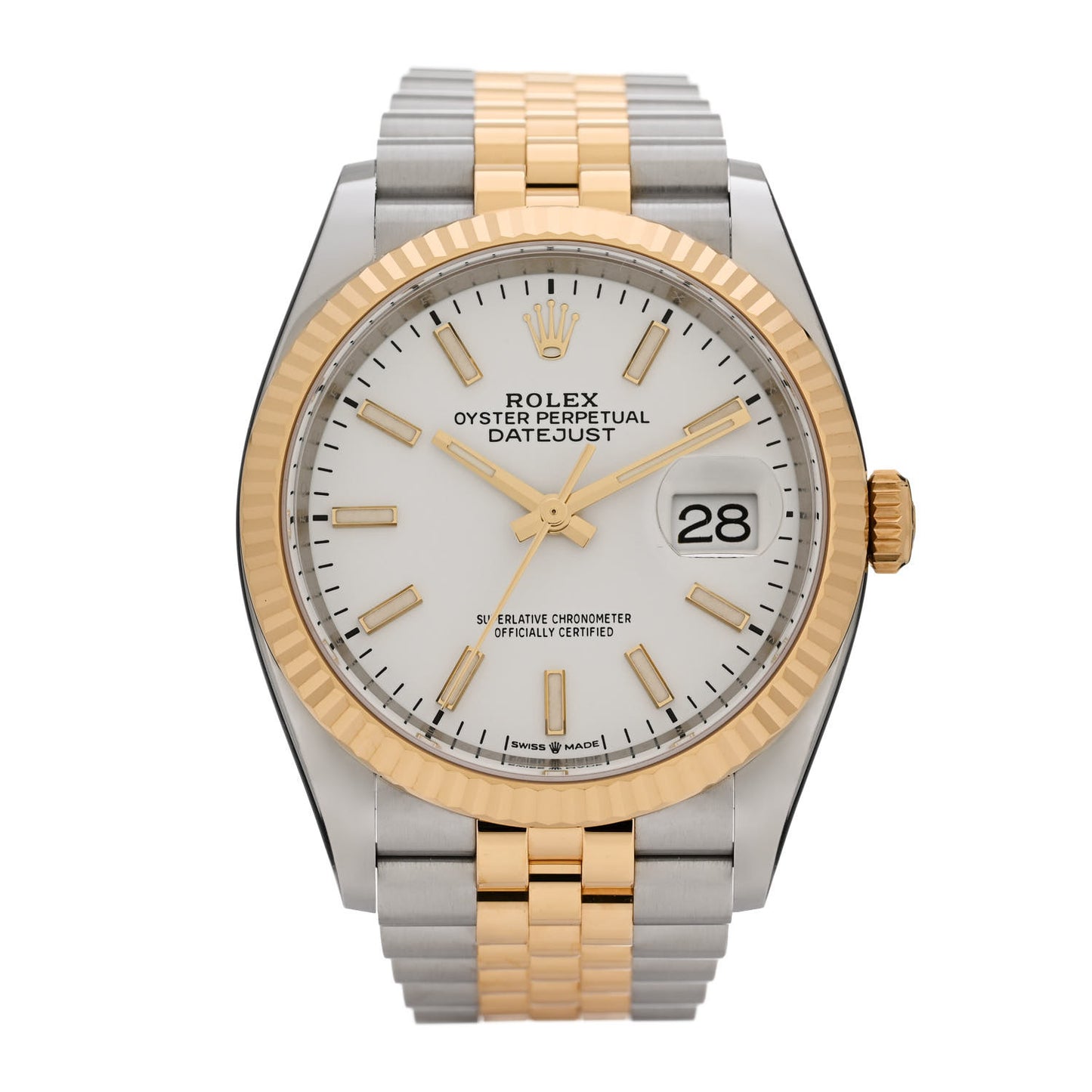 Stainless Steel 18K Yellow Gold 36mm Oyster Perpetual Datejust Watch White 126233