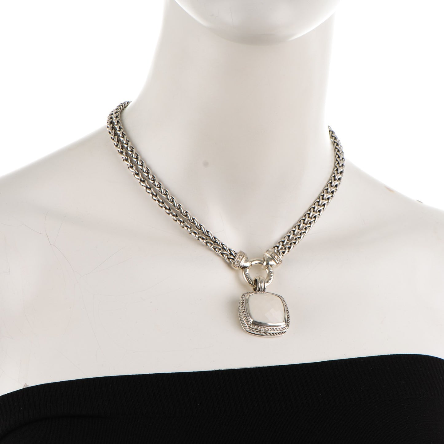 Sterling Silver Pave Diamond White Agate 19mm Albion Pendant Necklace