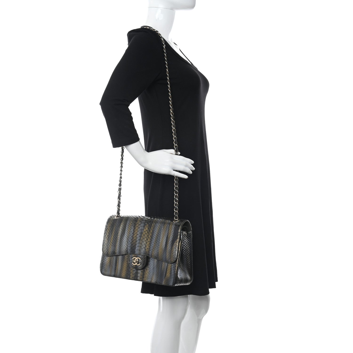 Chanel Metallic Snakeskin Jumbo Double Flap Black Gold Grey 2 of 12