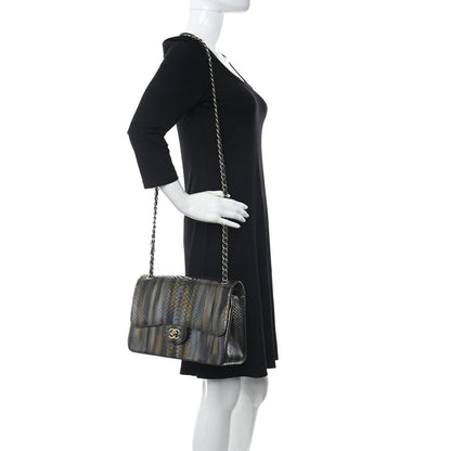 Chanel Metallic Snakeskin Jumbo Double Flap Black Gold Grey 2 of 12