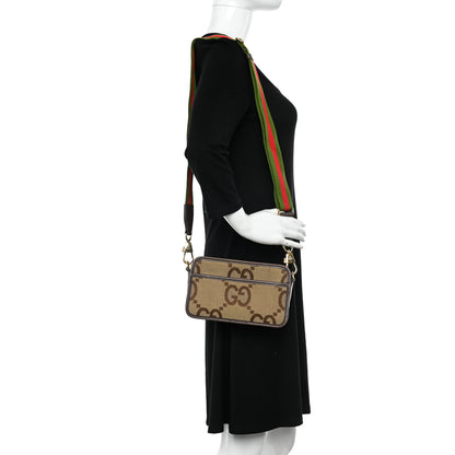 Gucci Monogram Jumbo GG Textured Dollar Calfskin Web Mini Crossbody Bag Camel Ebony New Acero 2 of 11