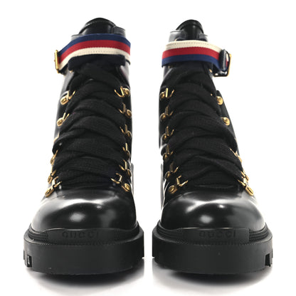 Gucci Calfskin Sylvie Web Womens Lace Up Combat Boots 38.5 Black 3 of 9
