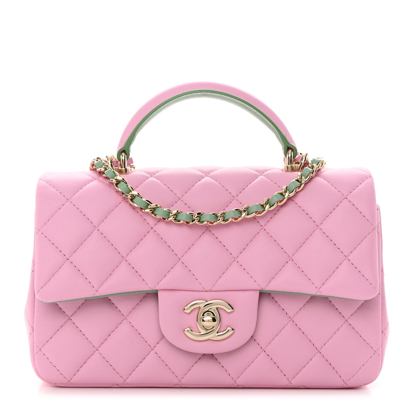 Lambskin Quilted Mini Top Handle Rectangular Flap Lilac Light Green