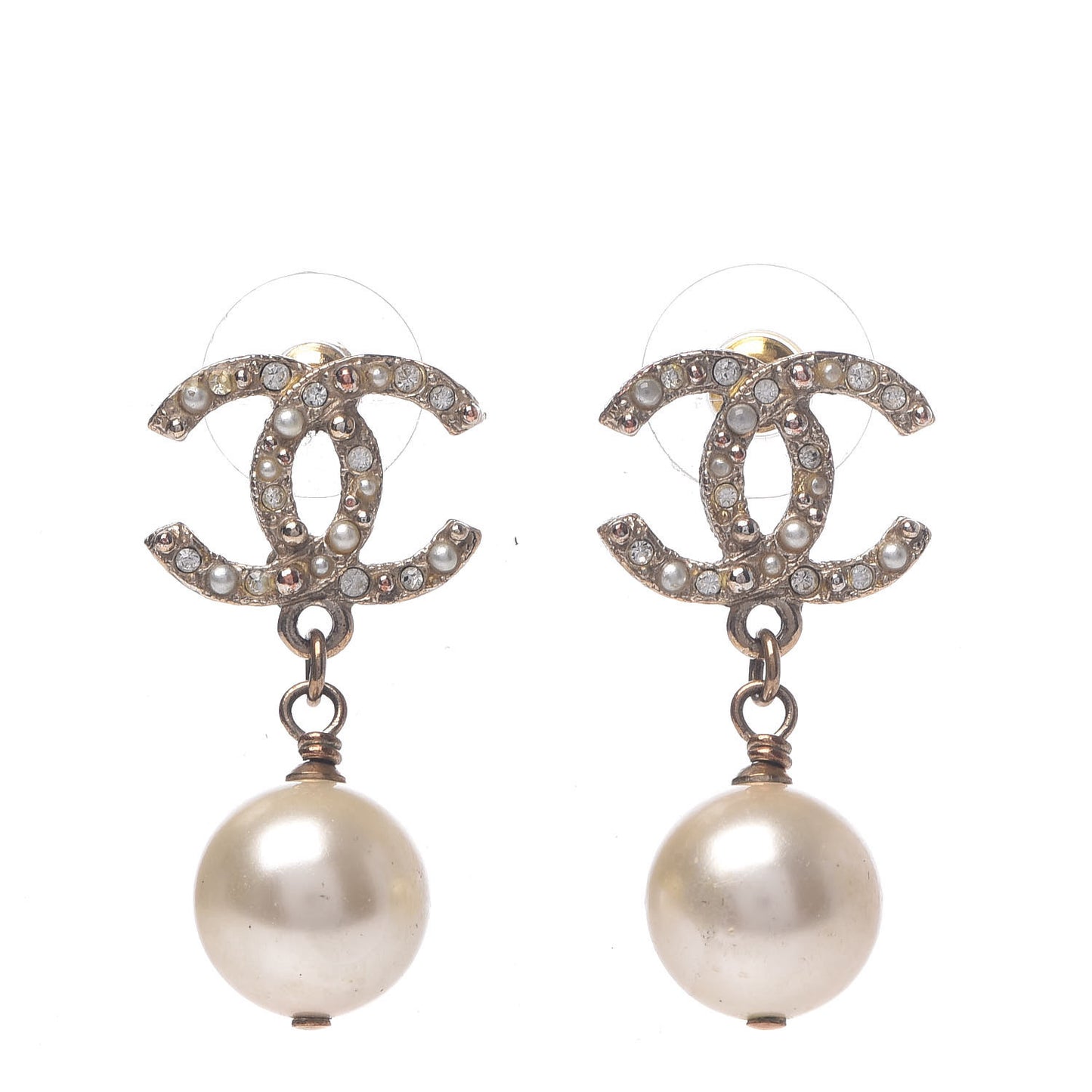 Crystal Pearl CC Drop Earrings Gold
