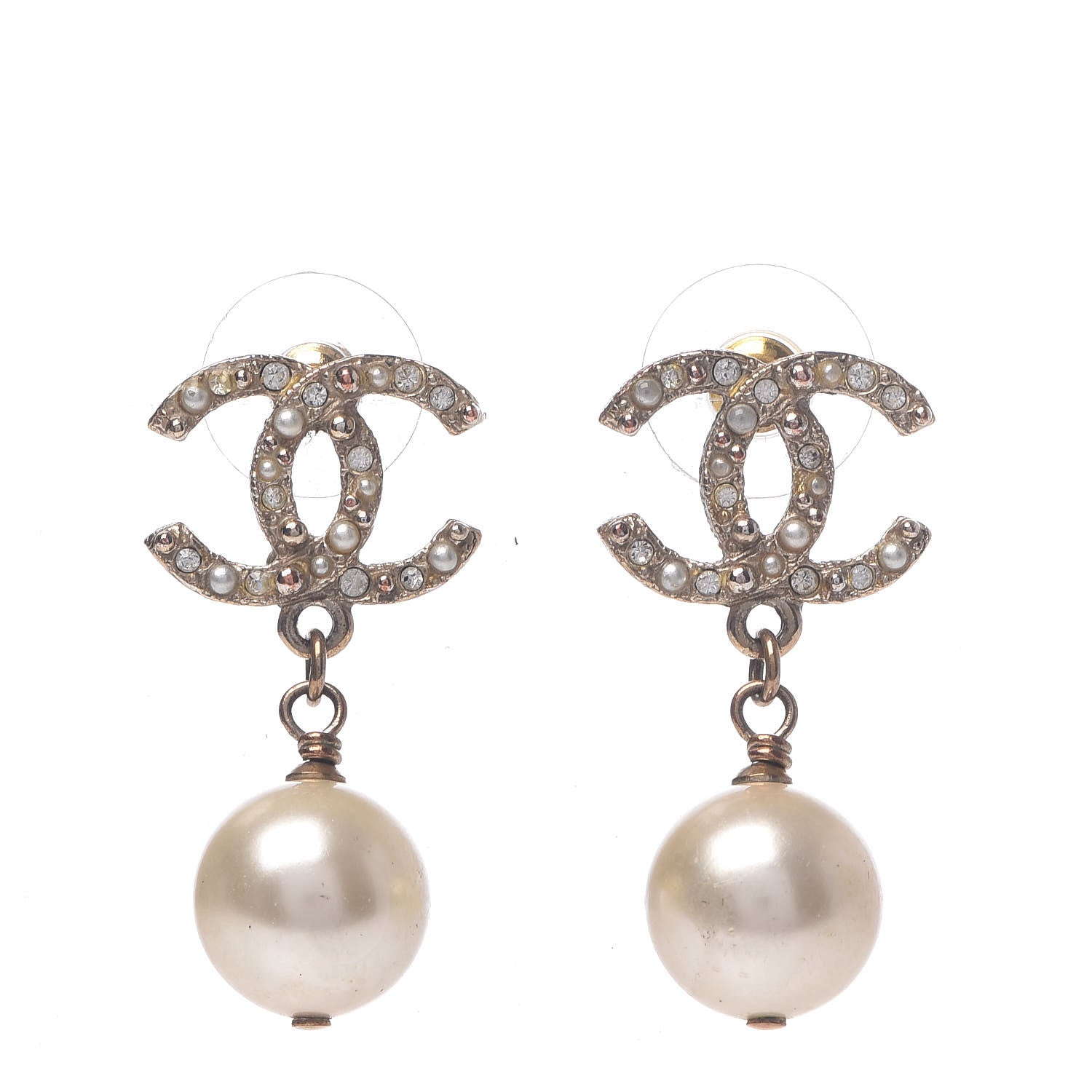 Chanel Crystal Pearl CC Drop Earrings Gold 1 of 4