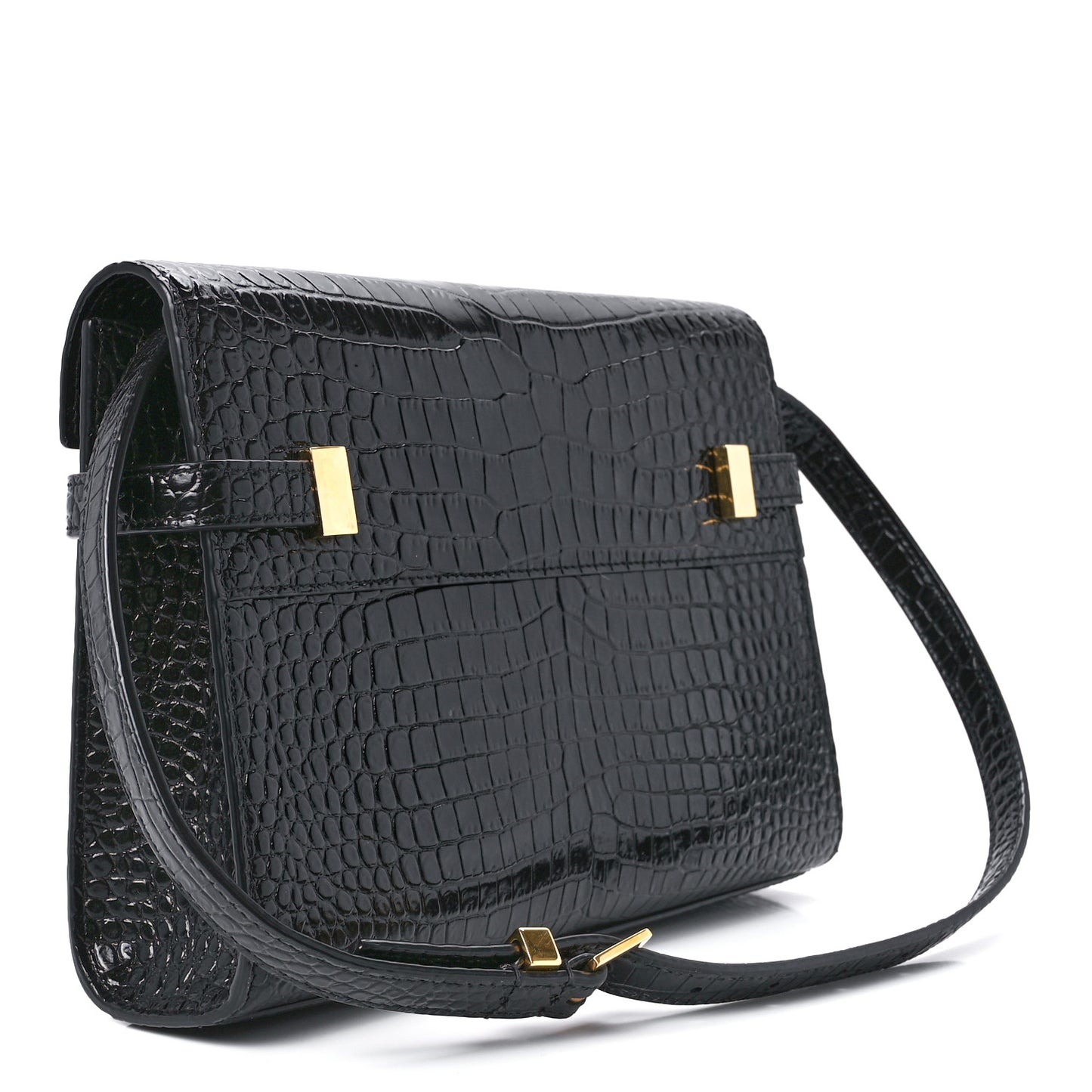 Shiny Calfskin Crocodile Embossed Small Manhattan Baguette Black