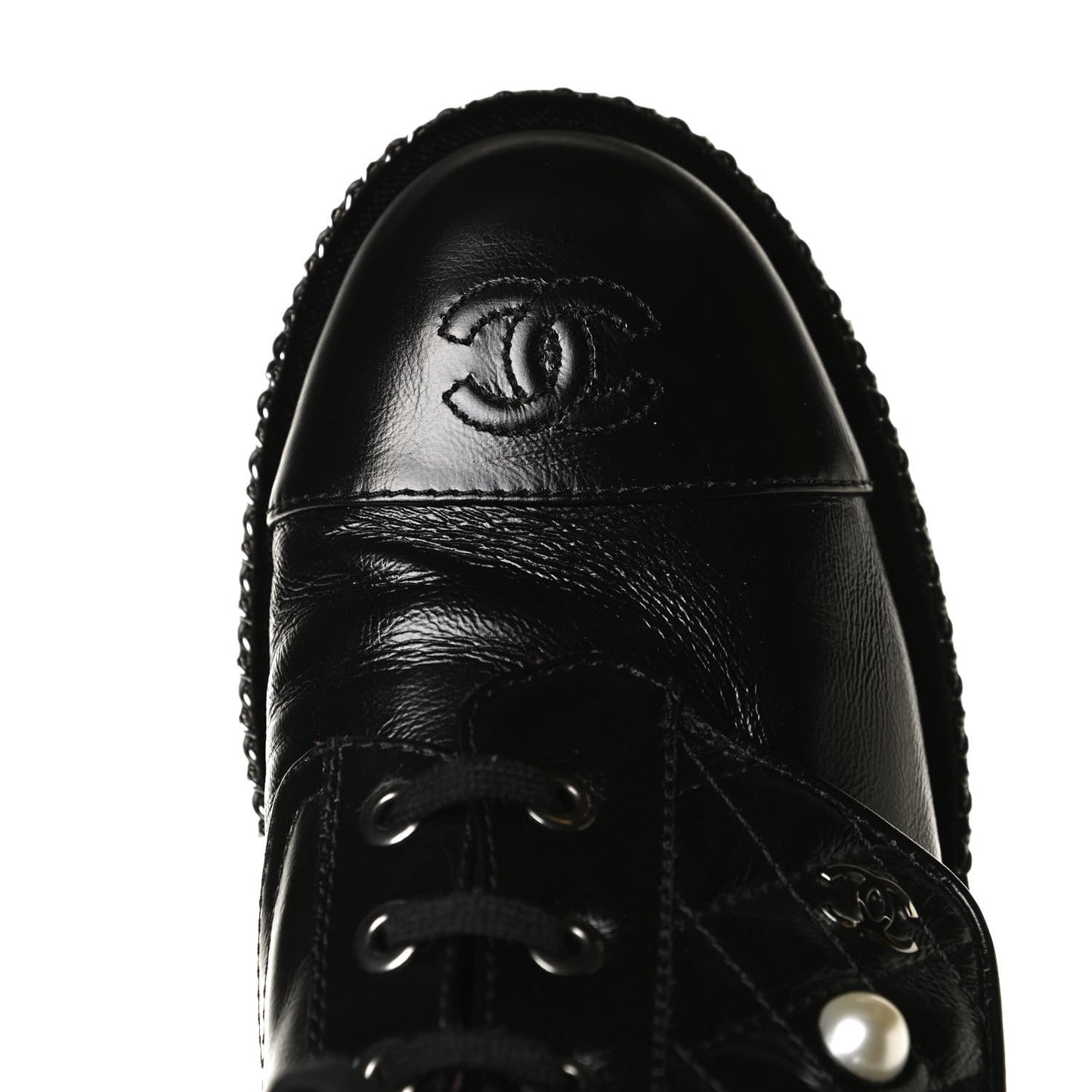 Crackled Calfskin Velvet Pearl Combat Short Boots 37.5 Black