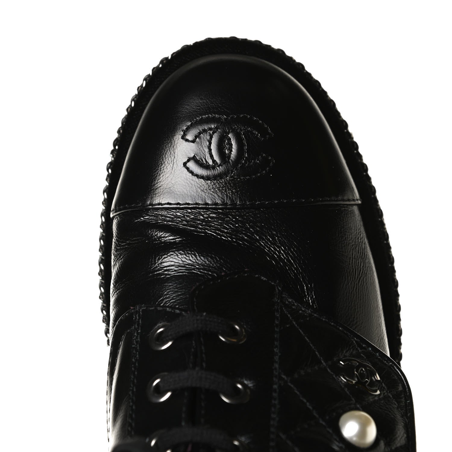 Chanel Crackled Calfskin Velvet Pearl Combat Short Boots 37.5 Black 13 of 15