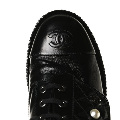 Chanel Crackled Calfskin Velvet Pearl Combat Short Boots 37.5 Black 13 of 15