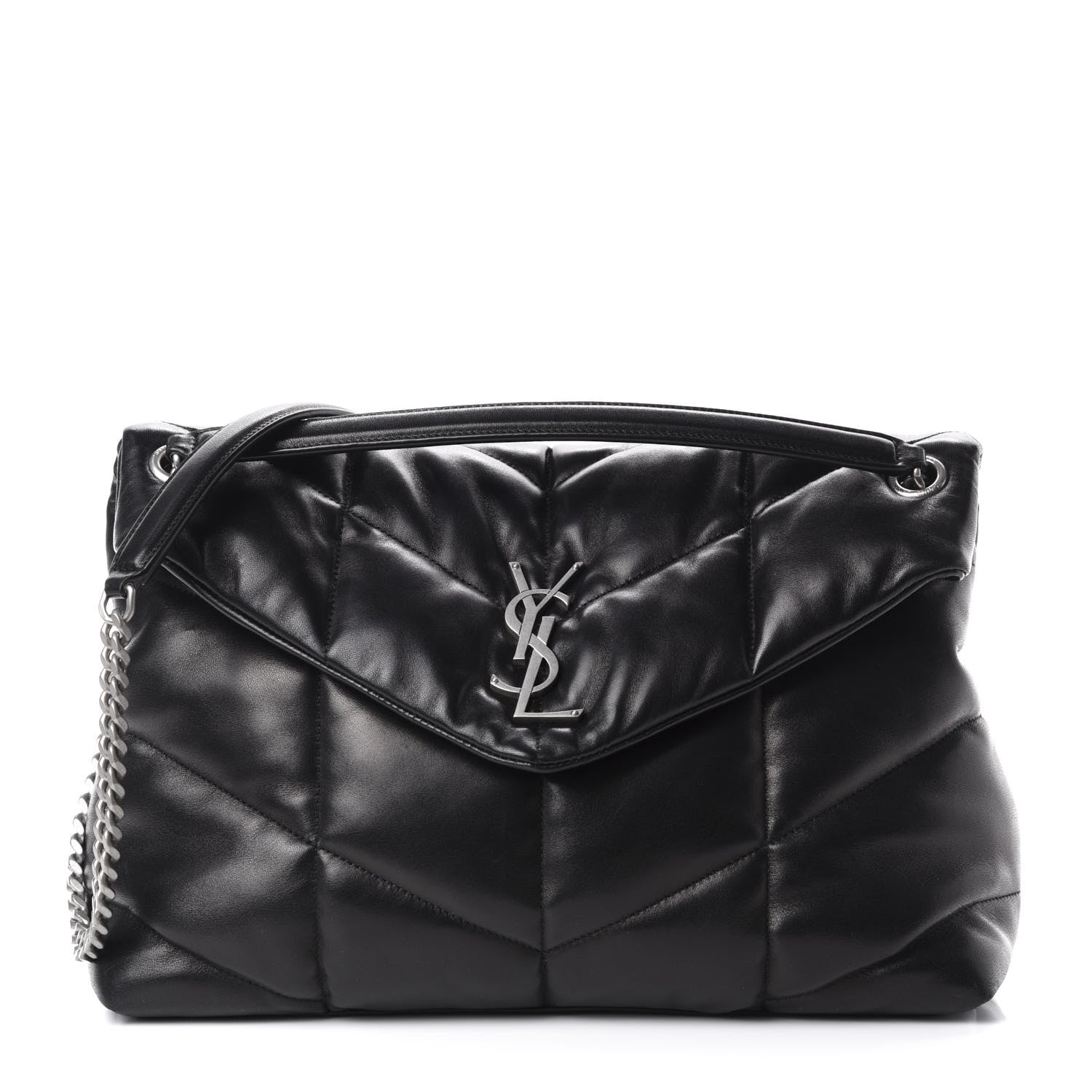 Saint Laurent Lambskin Quilted Medium Loulou Puffer Monogram Chain Satchel Black 1 of 11