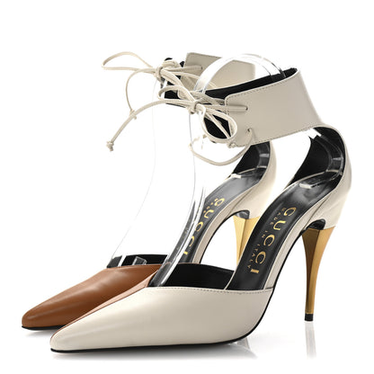 Gucci Soft Nappa Priscilla Ankle Cuff Pumps 37.5 Mystic White Harness Brown 4 of 10