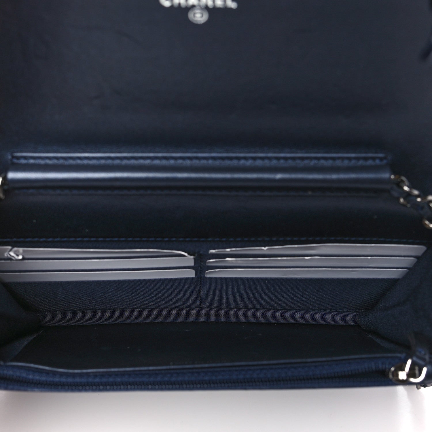 Chanel Lambskin Chevron Quilted Studded Wallet On Chain WOC Navy 5 of 14