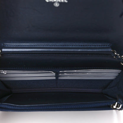 Chanel Lambskin Chevron Quilted Studded Wallet On Chain WOC Navy 5 of 14