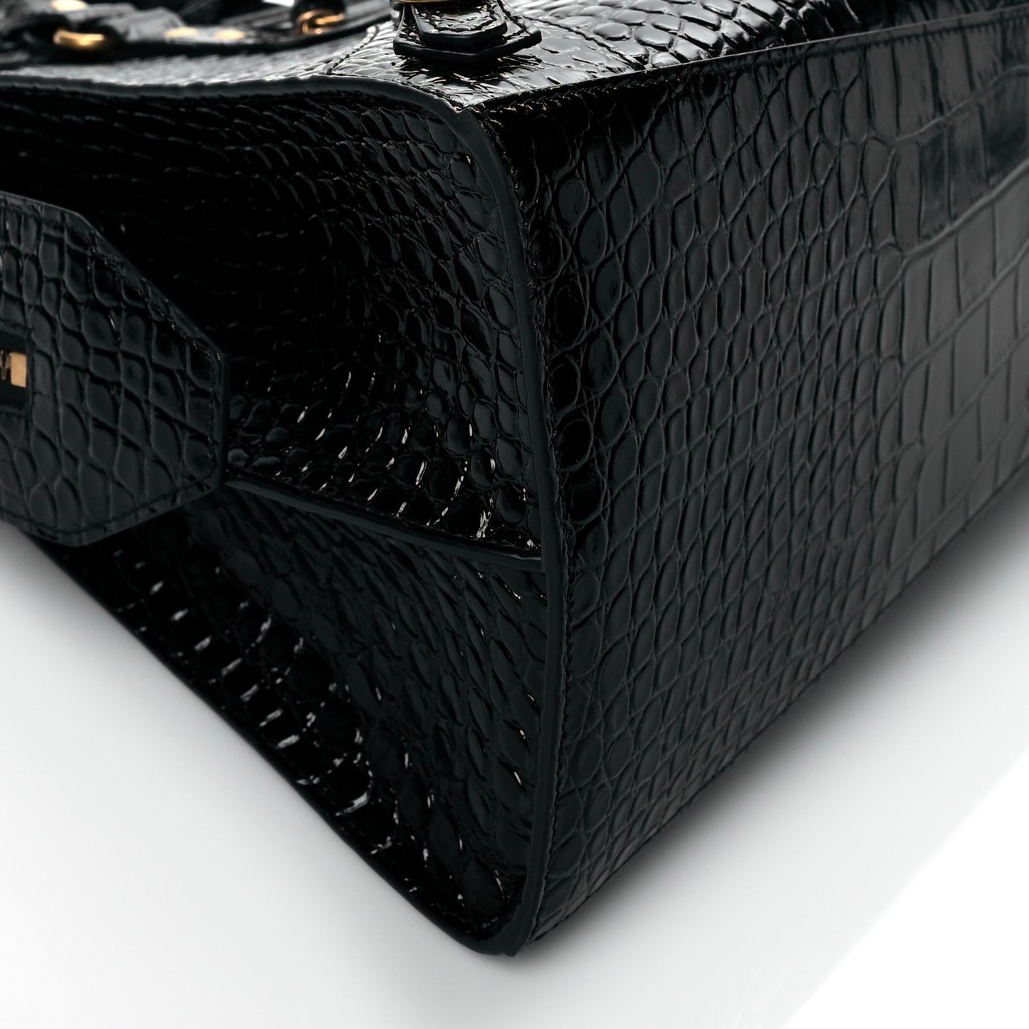 Shiny Supple Calfskin Crocodile Embossed Brass Hardware Neo Classic City Black