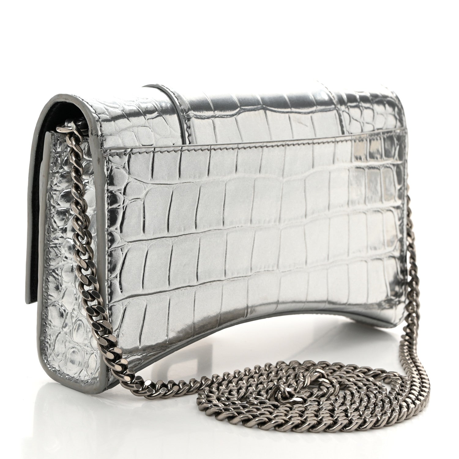 Balenciaga Metallic Calfskin Crocodile Embossed Hourglass Chain Bag Silver 3 of 10