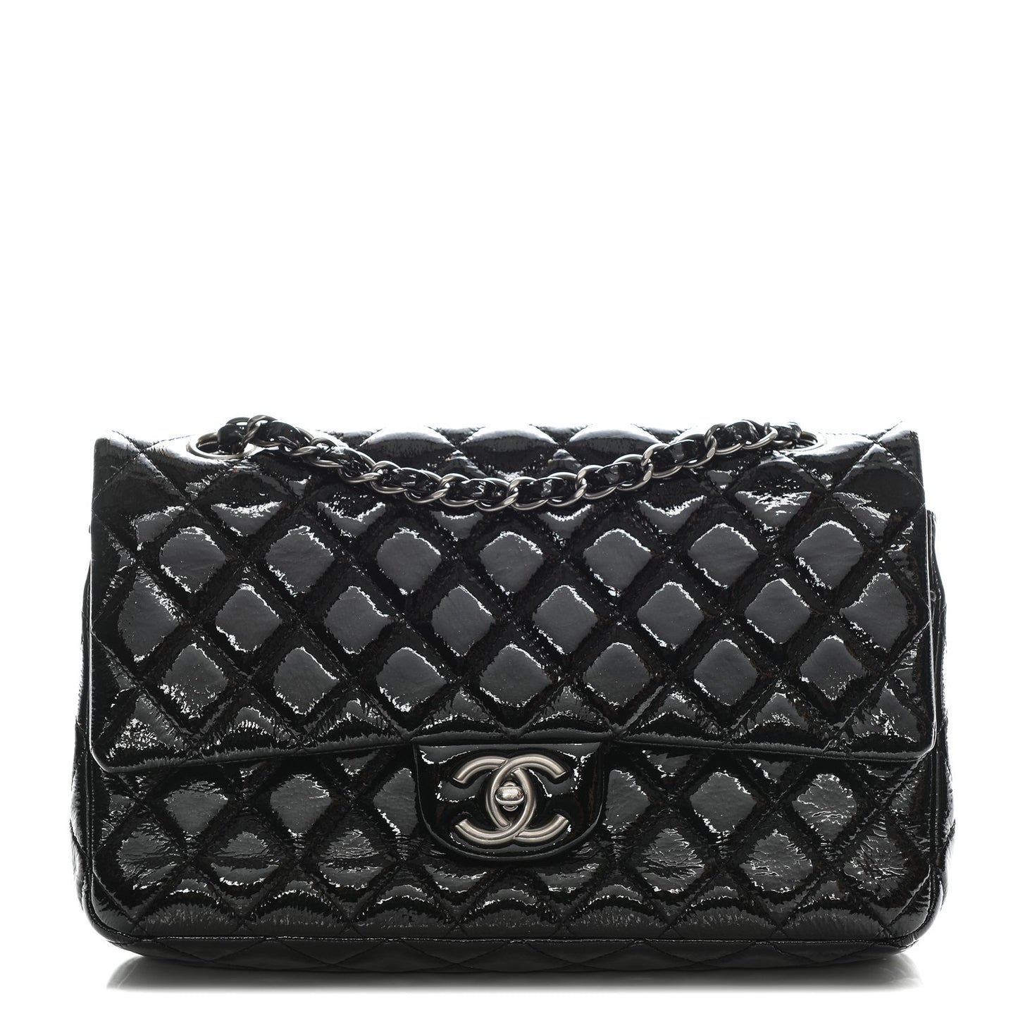 Distressed Patent Quilted Medium Double Flap Black