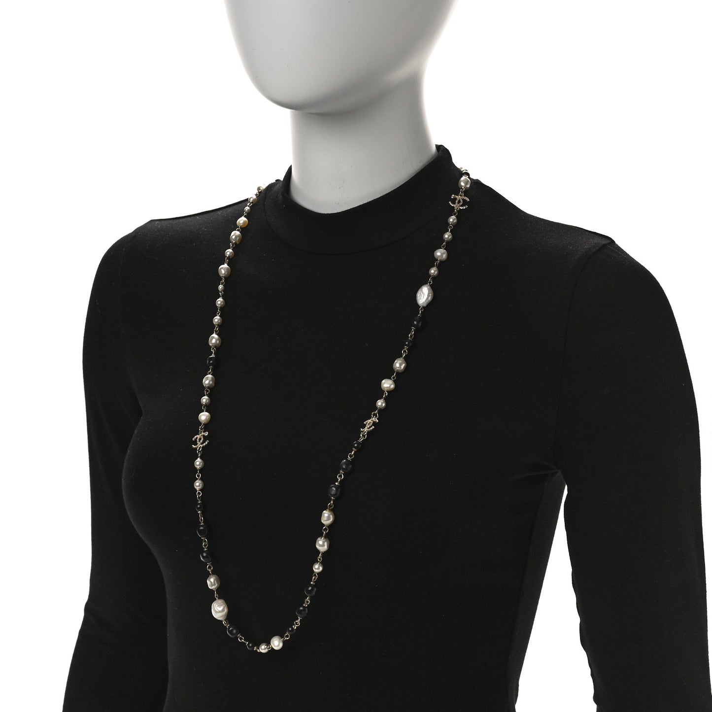 Pearl Beaded Crystal CC Long Necklace Gold Black White