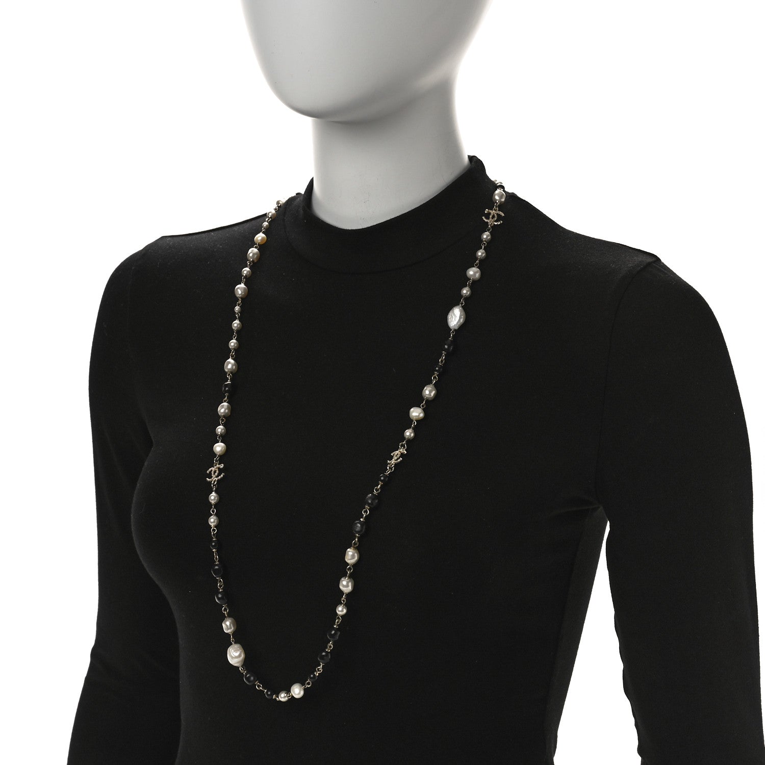 Chanel Pearl Beaded Crystal CC Long Necklace Gold Black White 2 of 6