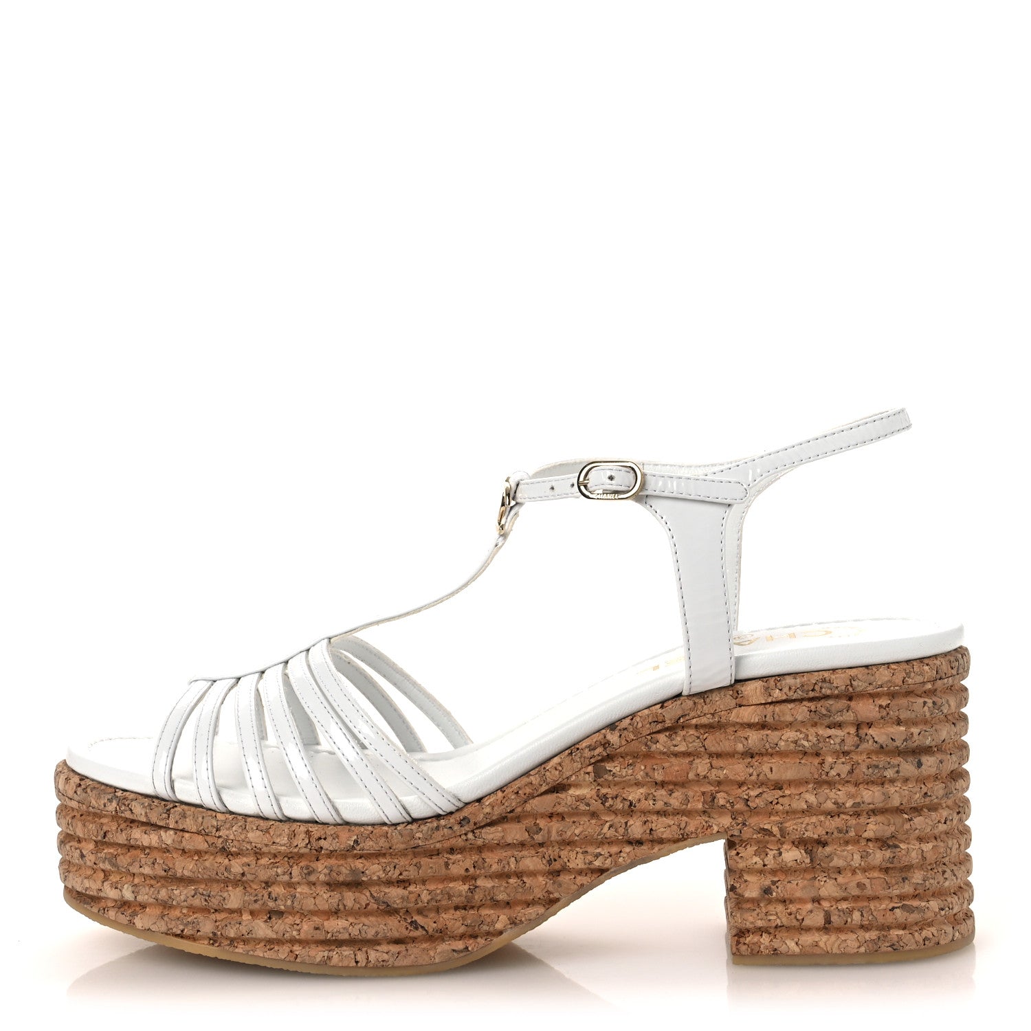 Chanel Patent Goatskin Cork CC Ankle Strap Platform Sandals 40 White 1 of 15