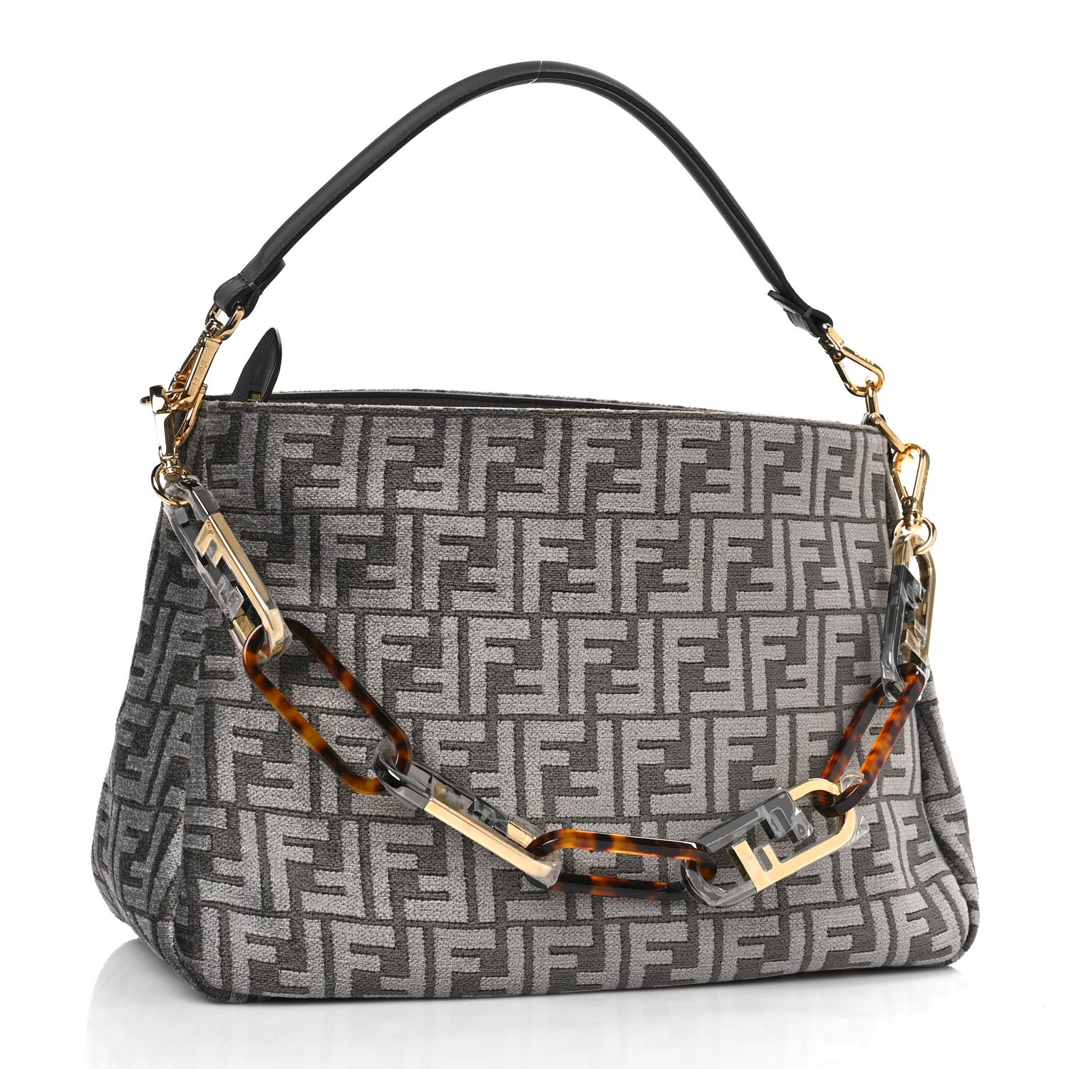 Fendi Chenille Vitello Seta Plexiglass FF Fendi O'Lock Zipper Anthracite Asfalto 3 of 8