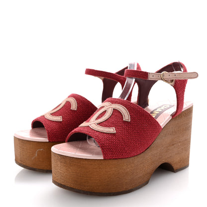 Chanel Fabric Calfskin Platform Wedge Sandals 37 Dark Red Light Pink 4 of 9