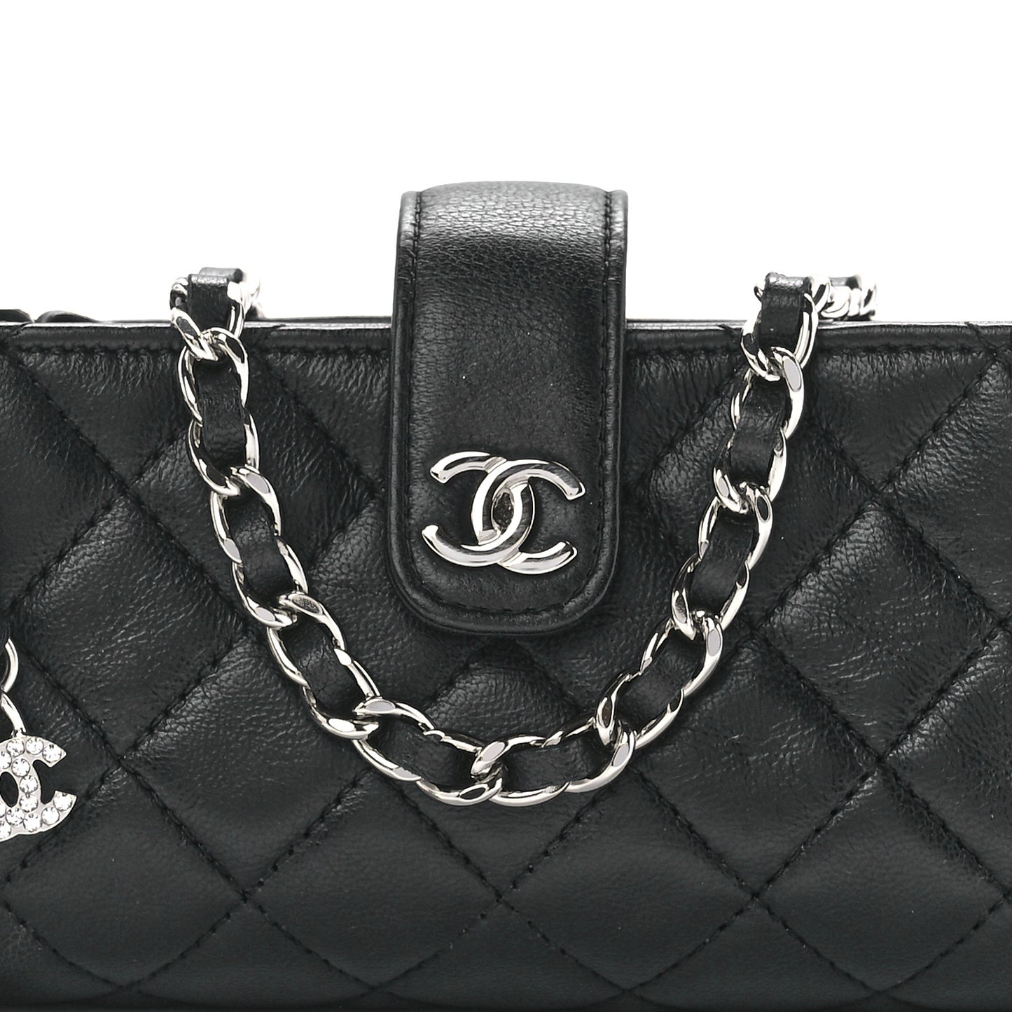 Lambskin Quilted Crystal Valentine Charms Mini Phone Holder Crossbody Bag Black