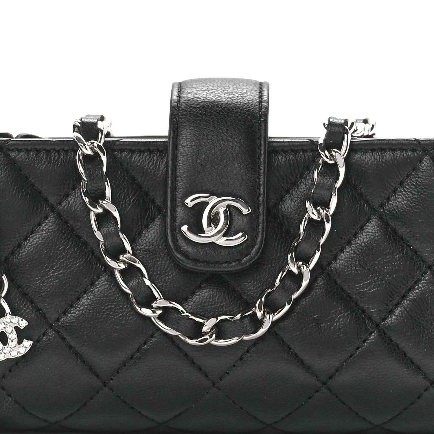 Chanel Lambskin Quilted Crystal Valentine Charms Mini Phone Holder Crossbody Bag Black 9 of 13