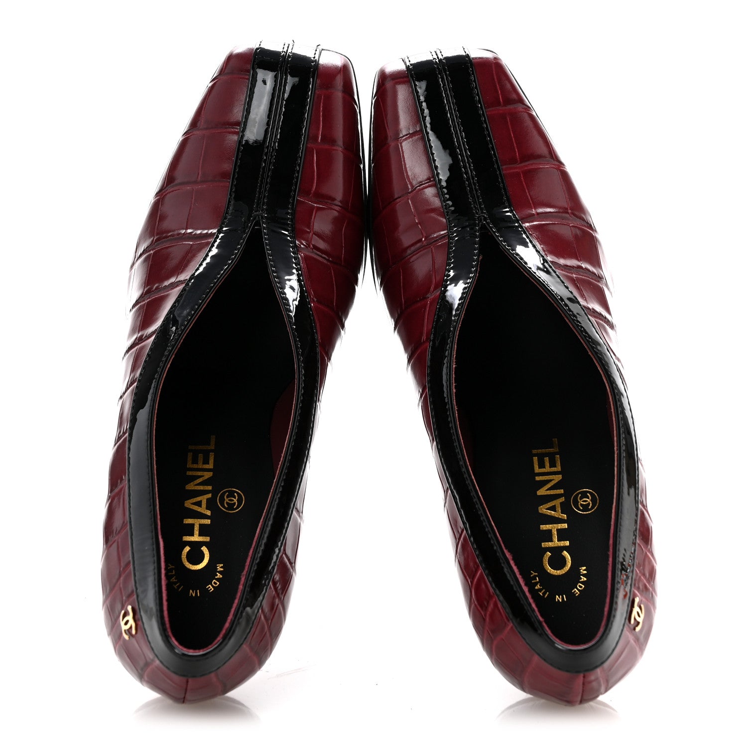 Chanel Crocodile Embossed Patent Calfskin Pumps 37.5 Burgundy Black 2 of 11