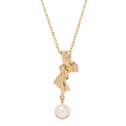 Mikimoto 18K Yellow Gold Pearl 6mm Bow Drop Pendant Necklace 4 of 7