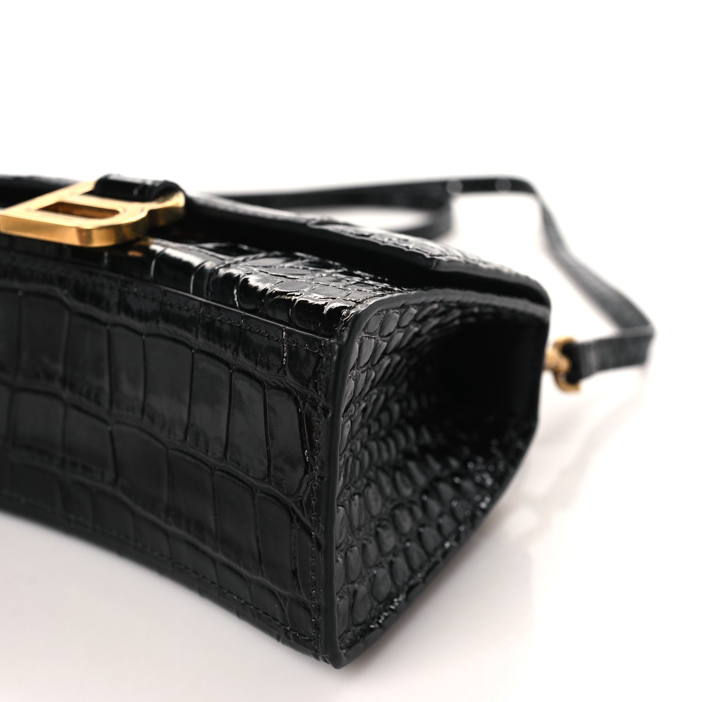 Shiny Calfskin Crocodile Embossed Hourglass Top Handle Bag XS Black
