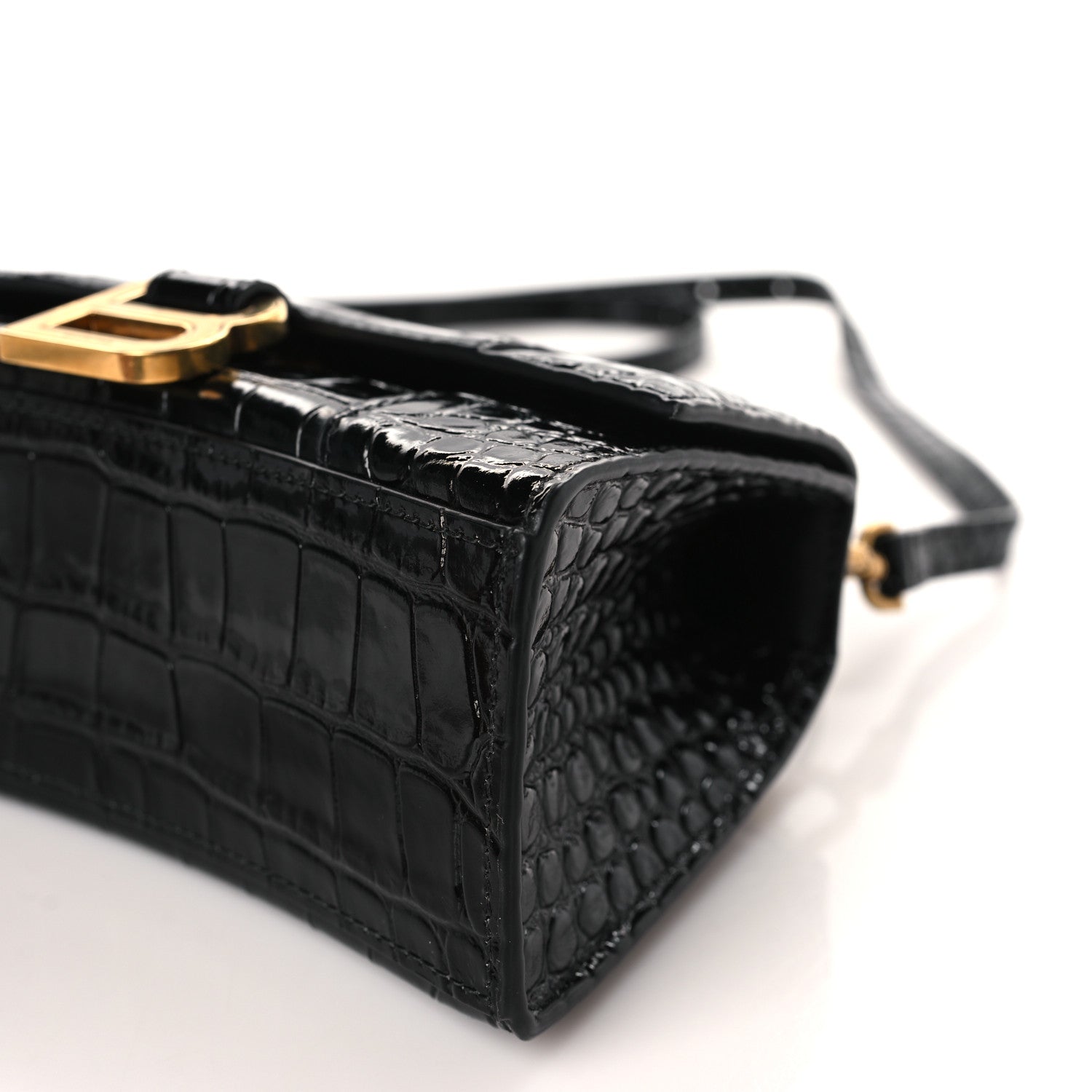Balenciaga Shiny Calfskin Crocodile Embossed Hourglass Top Handle Bag XS Black 9 of 9