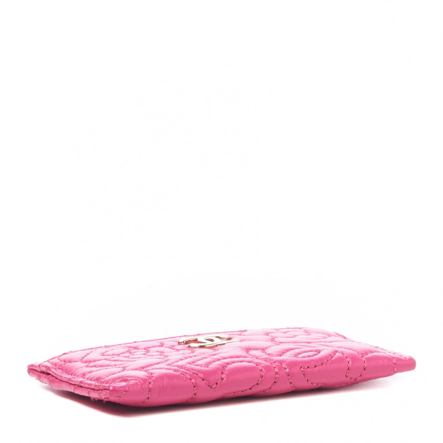 Lambskin Camellia Embossed Card Holder Fuchsia