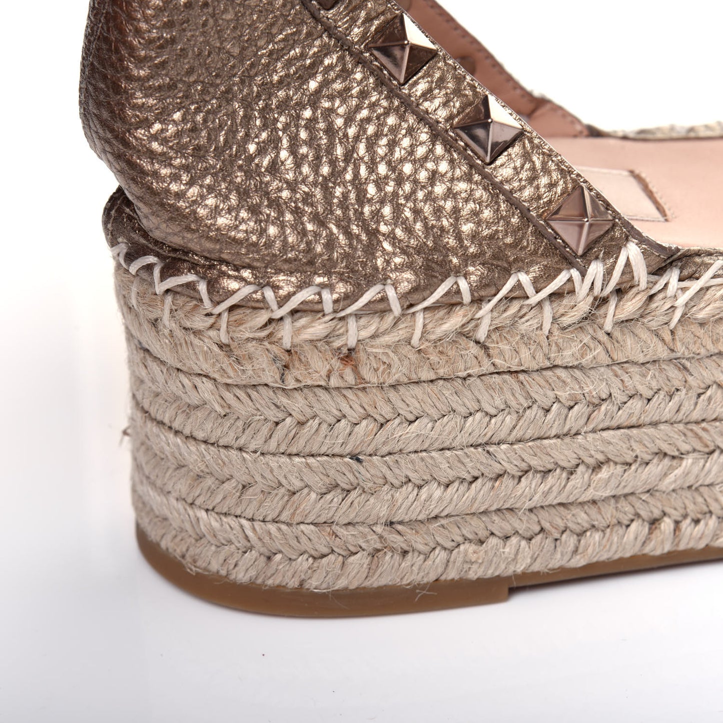 Metallic Grained Calfskin Rockstud Ankle Wrap Espadrille Flatform Sandals 39 Skin Natural